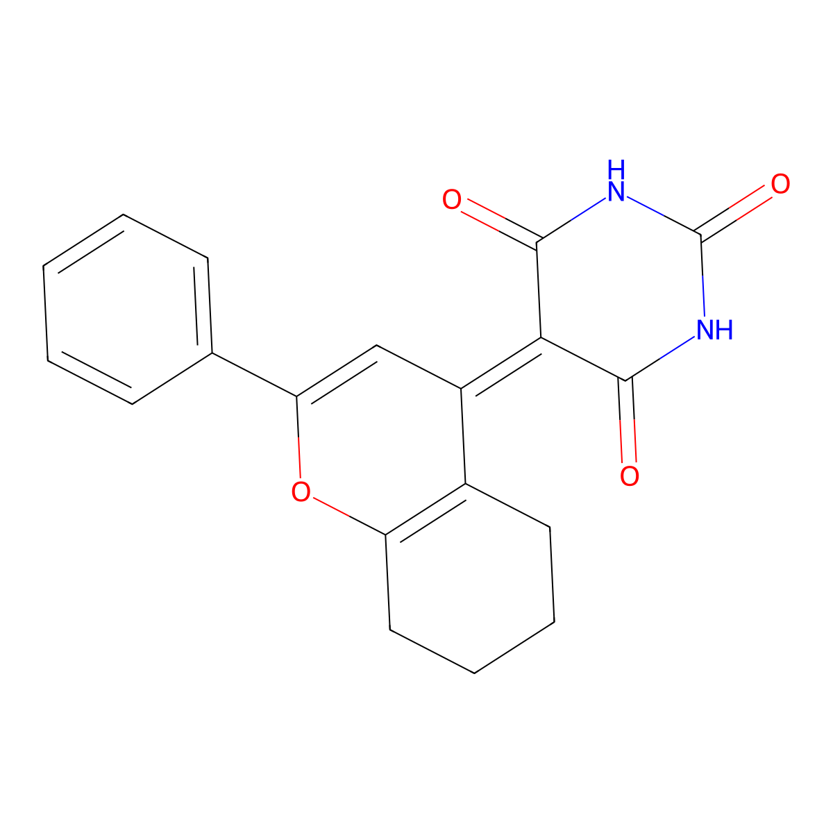 5-(2-phenyl-5,6,7,8-tetrahydro-4H-chromen-4-ylidene)pyrimidine-2,4,6(1H,3H,5H)-trione molecular structure, CAS 670247-35-5