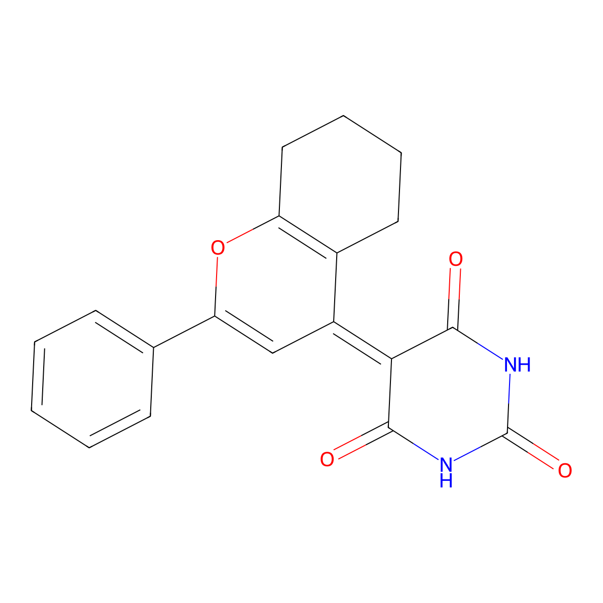 5-(2-phenyl-5,6,7,8-tetrahydro-4H-chromen-4-ylidene)pyrimidine-2,4,6(1H,3H,5H)-trione molecular structure, CAS 670247-35-5