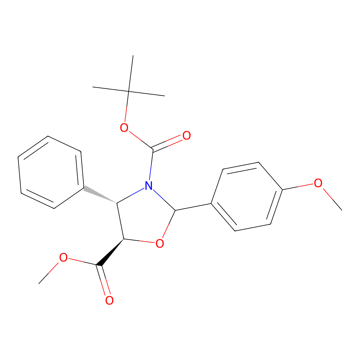 (4S,5R)-3-tert-butyl 5-methyl 2-(4-methoxyphenyl)-4-phenyloxazolidine-3,5-dicarboxylate molecular structure, CAS 670254-71-4