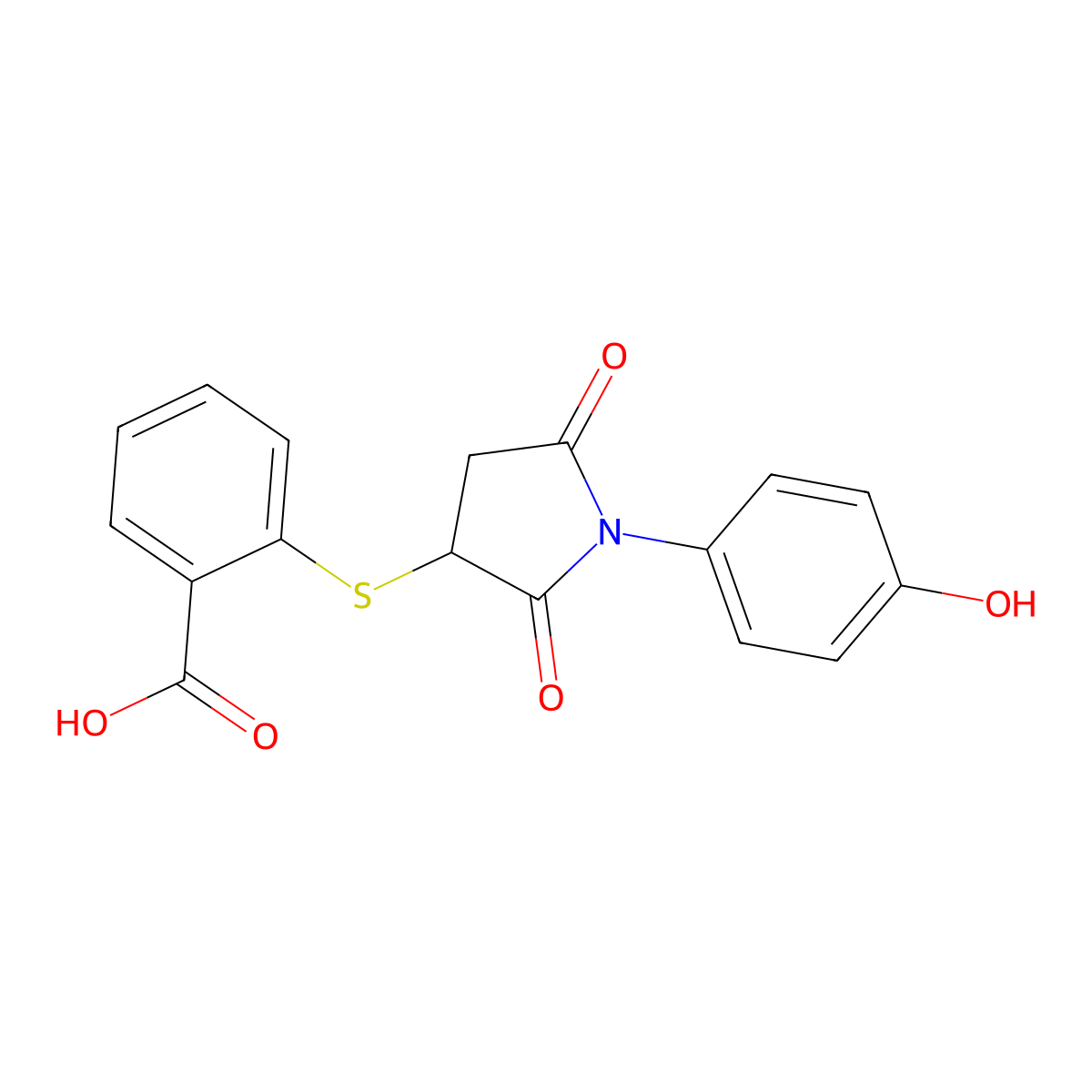 2-((1-(4-Hydroxyphenyl)-2,5-dioxopyrrolidin-3-yl)thio)benzoic acid molecular structure, CAS 670255-06-8