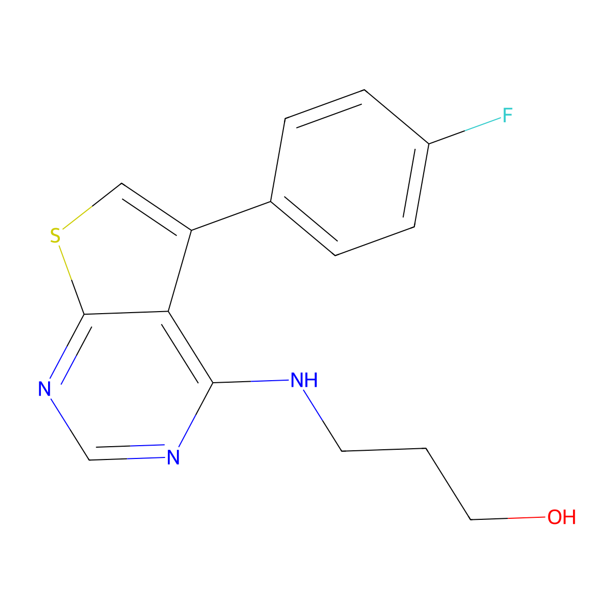 3-((5-(4-Fluorophenyl)thieno[2,3-d]pyrimidin-4-yl)amino)propan-1-ol molecular structure, CAS 670255-14-8