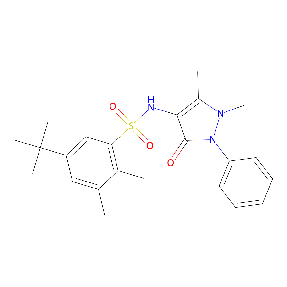 5-tert-butyl-N-(1,5-dimethyl-3-oxo-2-phenylpyrazol-4-yl)-2,3-dimethylbenzenesulfonamide molecular structure, CAS 670255-75-1