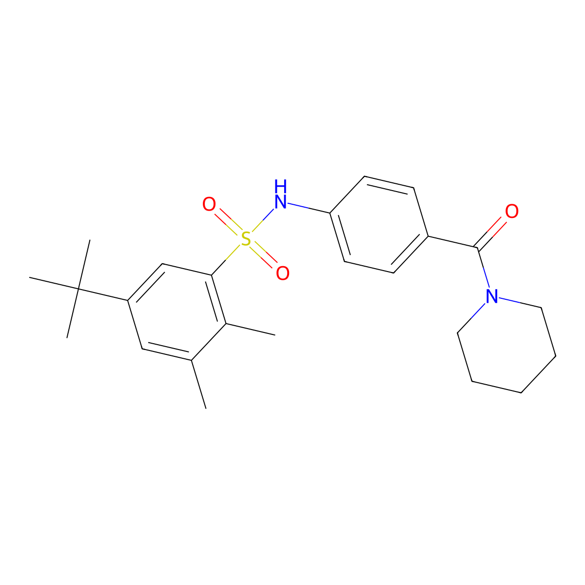 5-tert-butyl-2,3-dimethyl-N-[4-(piperidine-1-carbonyl)phenyl]benzenesulfonamide molecular structure, CAS 670256-04-9