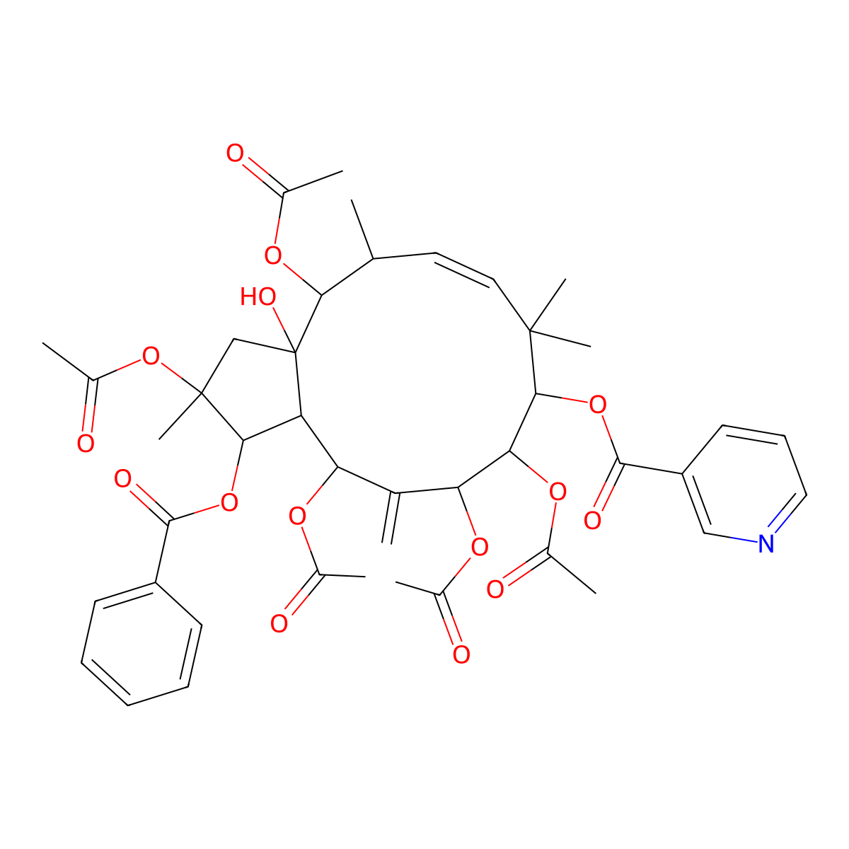 (2,4,10,11,13-pentaacetyloxy-1-benzoyloxy-3a-hydroxy-2,5,8,8-tetramethyl-12-methylidene-3,4,5,9,10,11,13,13a-octahydro-1H-cyclopenta[12]annulen-9-yl) pyridine-3-carboxylate molecular structure, CAS 670257-89-3