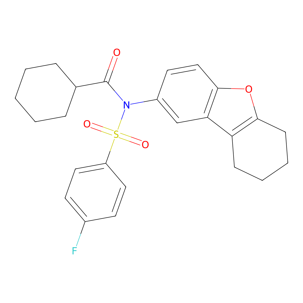 N-(cyclohexylcarbonyl)-4-fluoro-N-(6,7,8,9-tetrahydrodibenzo[b,d]furan-2-yl)benzenesulfonamide molecular structure, CAS 670258-60-3