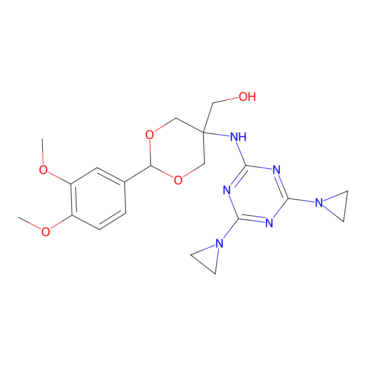 (5-((4,6-Bis(aziridin-1-yl)-1,3,5-triazin-2-yl)amino)-2-(3,4-dimethoxyphenyl)-1,3-dioxan-5-yl)methanol molecular structure, CAS 67026-16-8