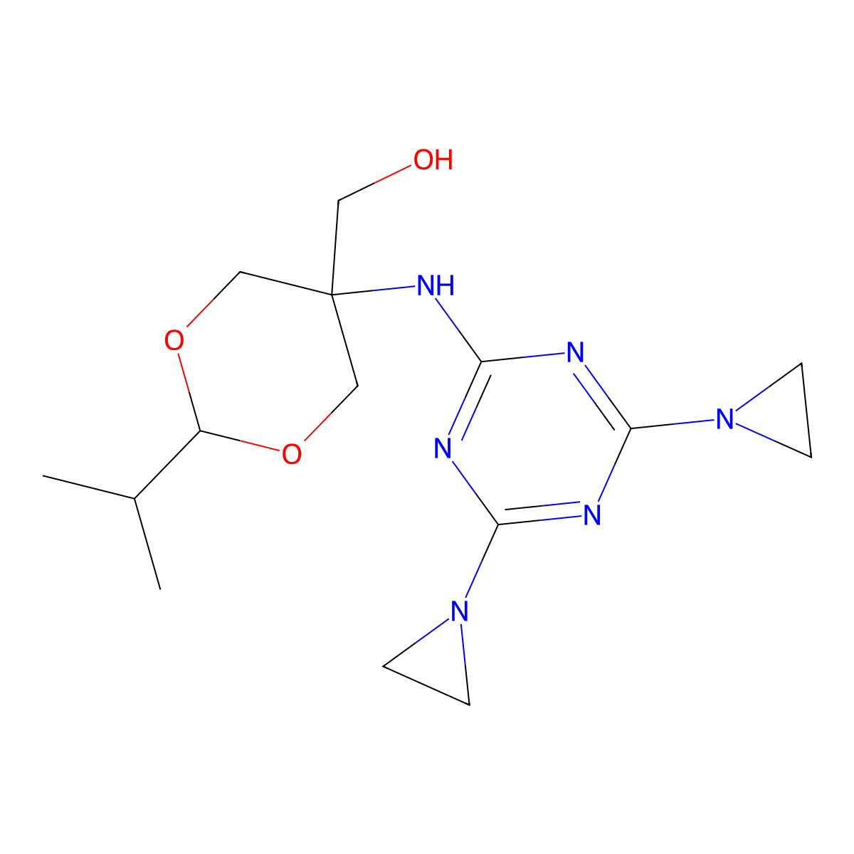 (5-((4,6-Bis(aziridin-1-yl)-1,3,5-triazin-2-yl)amino)-2-(propan-2-yl)-1,3-dioxan-5-yl)methanol molecular structure, CAS 67026-17-9