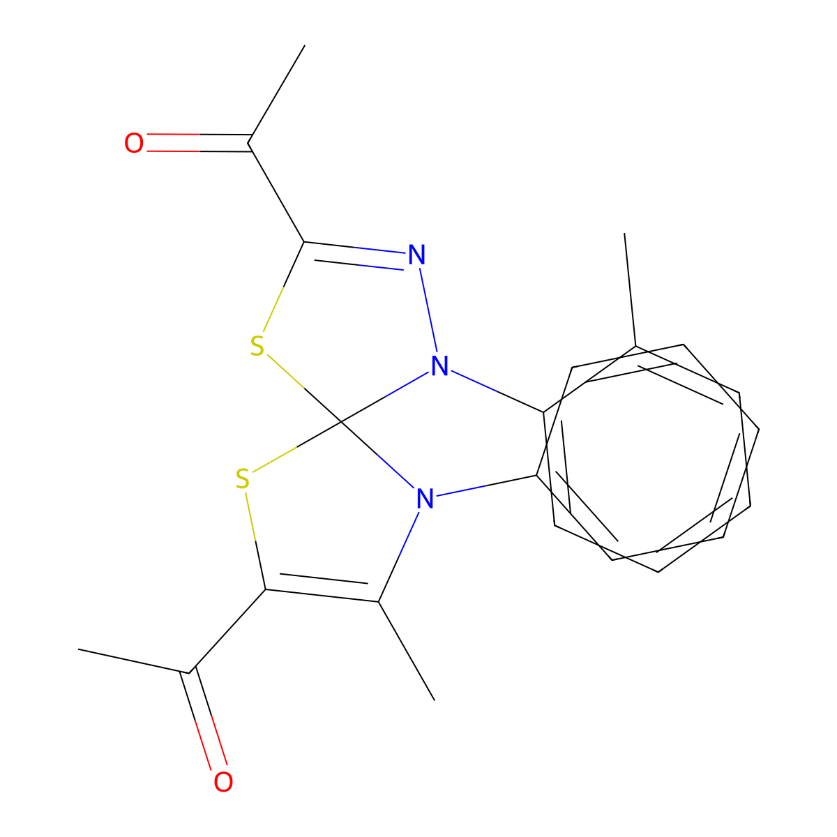 1,1'-(8-Methyl-9-phenyl-1-(o-tolyl)-4,6-dithia-1,2,9-triazaspiro[4.4]nona-2,7-diene-3,7-diyl)diethanone molecular structure, CAS 670262-85-8