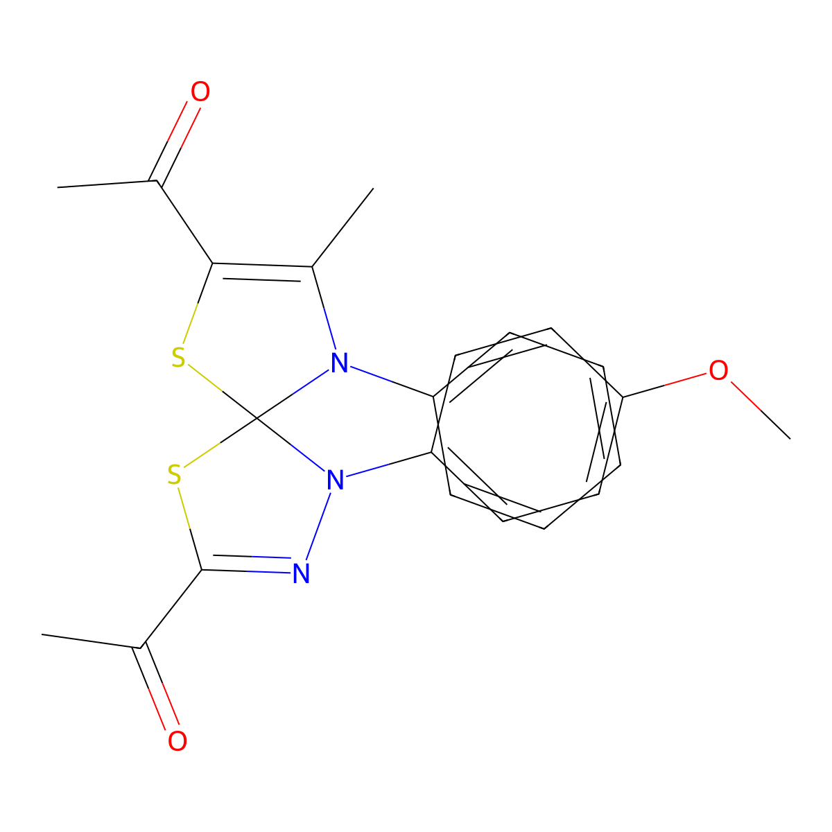 1,1'-[1-(4-Methoxyphenyl)-8-methyl-9-phenyl-4,6-dithia-1,2,9-triazaspiro[4.4]nona-2,7-diene-3,7-diyl]diethanone molecular structure, CAS 670262-87-0