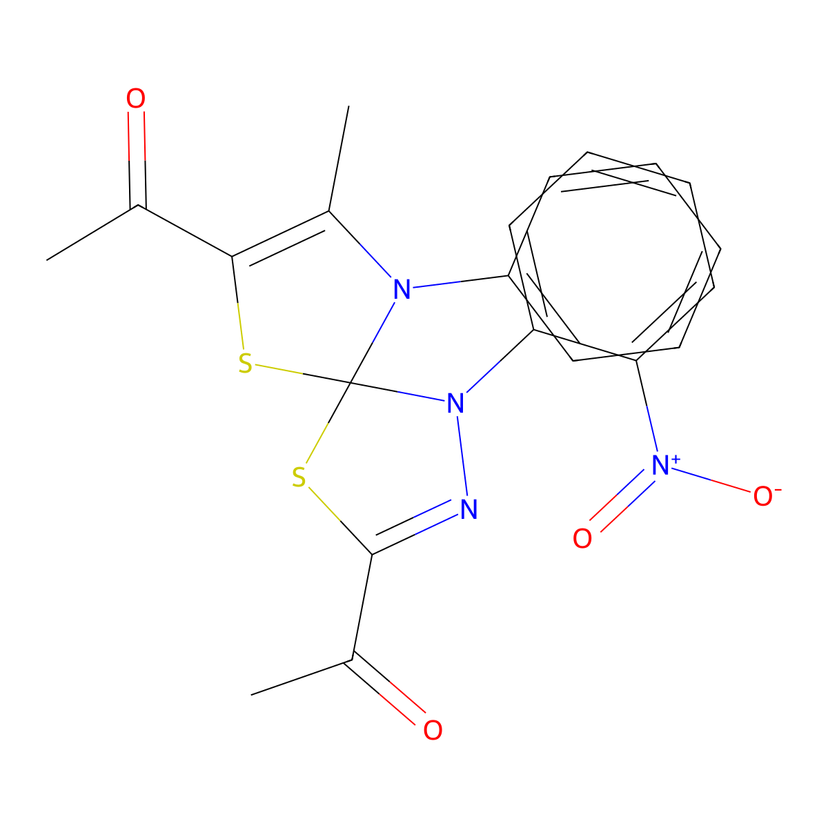 1,1'-(8-Methyl-1-(2-nitrophenyl)-9-phenyl-4,6-dithia-1,2,9-triazaspiro[4.4]nona-2,7-diene-3,7-diyl)diethanone molecular structure, CAS 670262-93-8