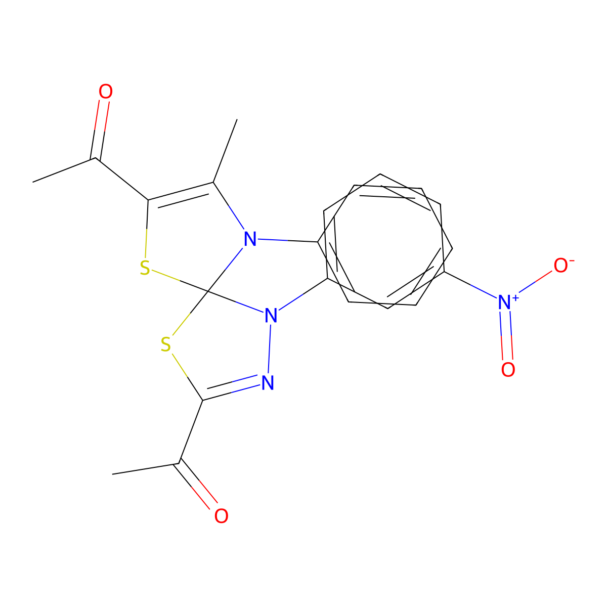 1,1'-(8-Methyl-1-(3-nitrophenyl)-9-phenyl-4,6-dithia-1,2,9-triazaspiro[4.4]nona-2,7-diene-3,7-diyl)diethanone molecular structure, CAS 670262-94-9