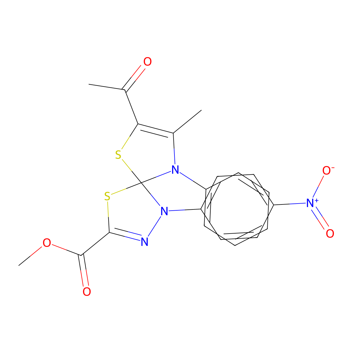 Methyl 7-acetyl-8-methyl-1-(4-nitrophenyl)-9-phenyl-4,6-dithia-1,2,9-triazaspiro[4.4]nona-2,7-diene-3-carboxylate molecular structure, CAS 670263-00-0