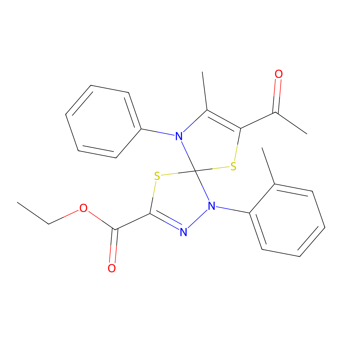 Ethyl 7-acetyl-8-methyl-1-(2-methylphenyl)-9-phenyl-4,6-dithia-1,2,9-triazaspiro[4.4]nona-2,7-diene-3-carboxylate molecular structure, CAS 670263-01-1