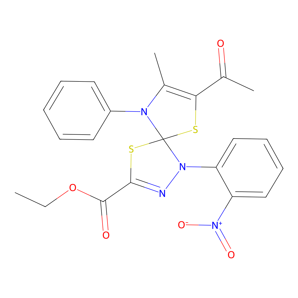 Ethyl 7-acetyl-8-methyl-1-(2-nitrophenyl)-9-phenyl-4,6-dithia-1,2,9-triazaspiro[4.4]nona-2,7-diene-3-carboxylate molecular structure, CAS 670263-07-7