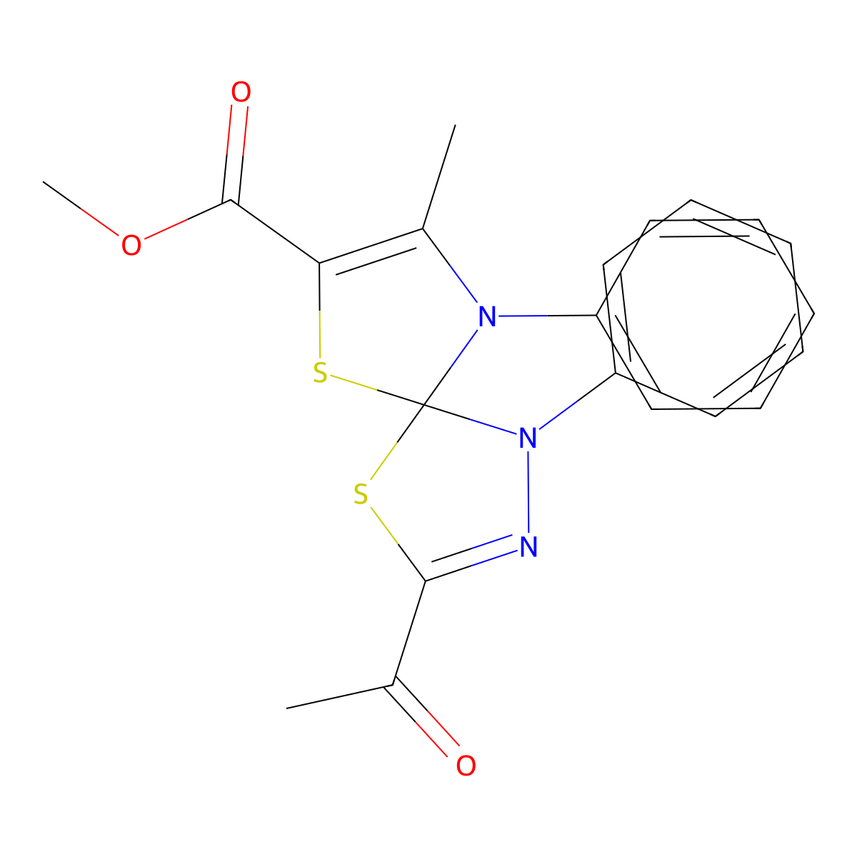 Methyl 3-acetyl-8-methyl-1,9-diphenyl-4,6-dithia-1,2,9-triazaspiro[4.4]nona-2,7-diene-7-carboxylate molecular structure, CAS 670263-12-4