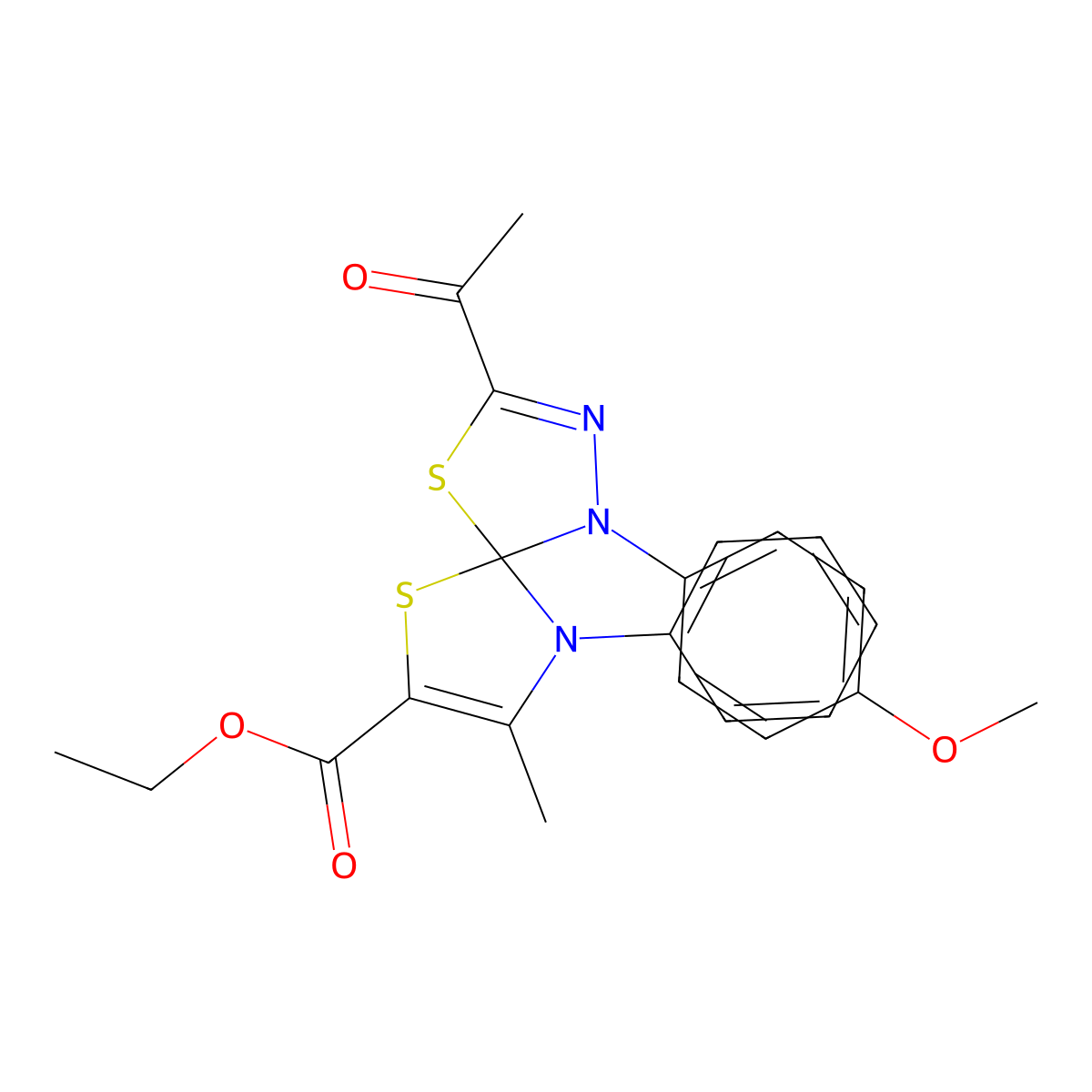 Ethyl 3-acetyl-1-(4-methoxyphenyl)-8-methyl-9-phenyl-4,6-dithia-1,2,9-triazaspiro[4.4]nona-2,7-diene-7-carboxylate molecular structure, CAS 670263-53-3