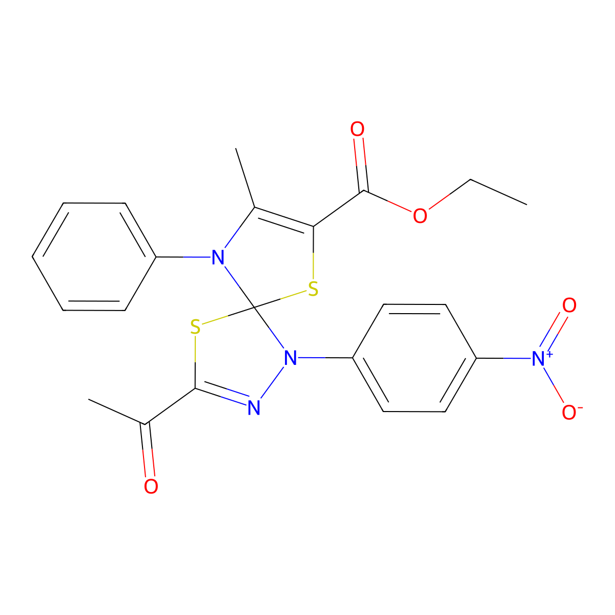 Ethyl 3-acetyl-8-methyl-1-(4-nitrophenyl)-9-phenyl-4,6-dithia-1,2,9-triazaspiro[4.4]nona-2,7-diene-7-carboxylate molecular structure, CAS 670263-64-6