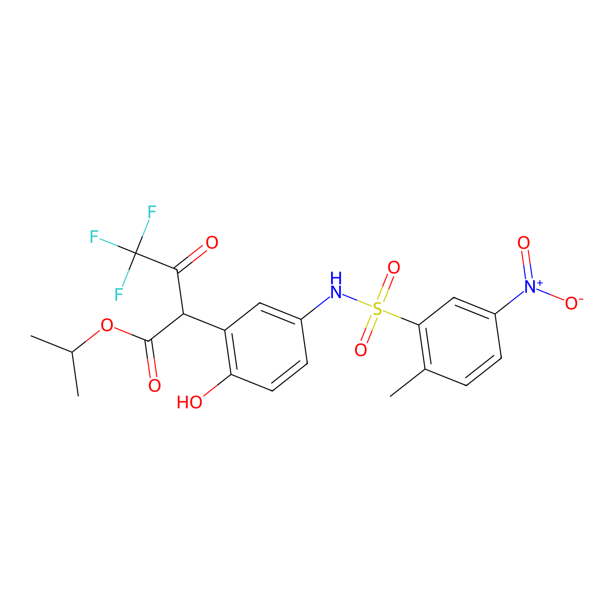 Isopropyl 4,4,4-trifluoro-2-(2-hydroxy-5-(2-methyl-5-nitrophenylsulfonamido)phenyl)-3-oxobutanoate molecular structure, CAS 670266-84-9