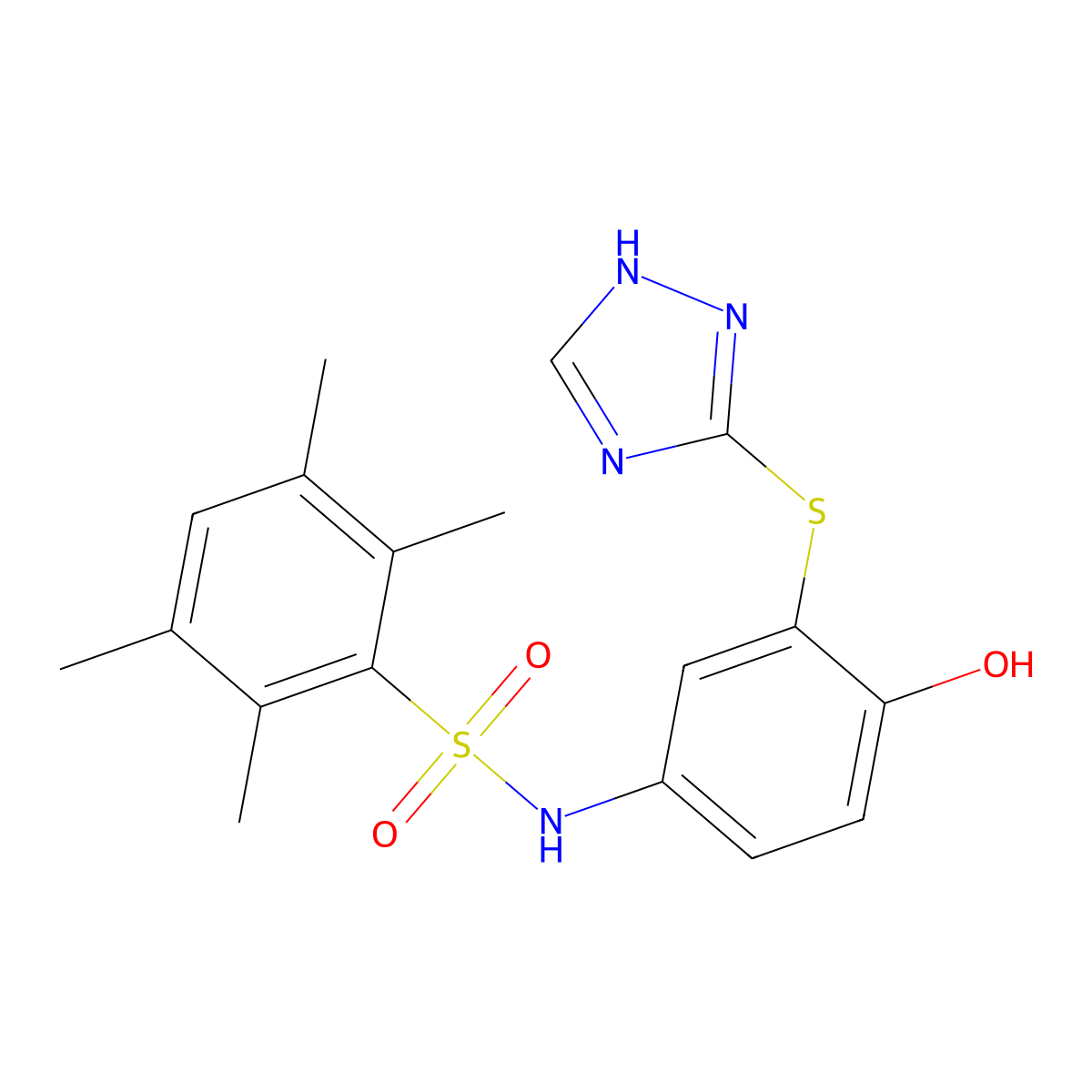 N-[4-hydroxy-3-(1H-1,2,4-triazol-5-ylsulfanyl)phenyl]-2,3,5,6-tetramethylbenzenesulfonamide molecular structure, CAS 670267-86-4
