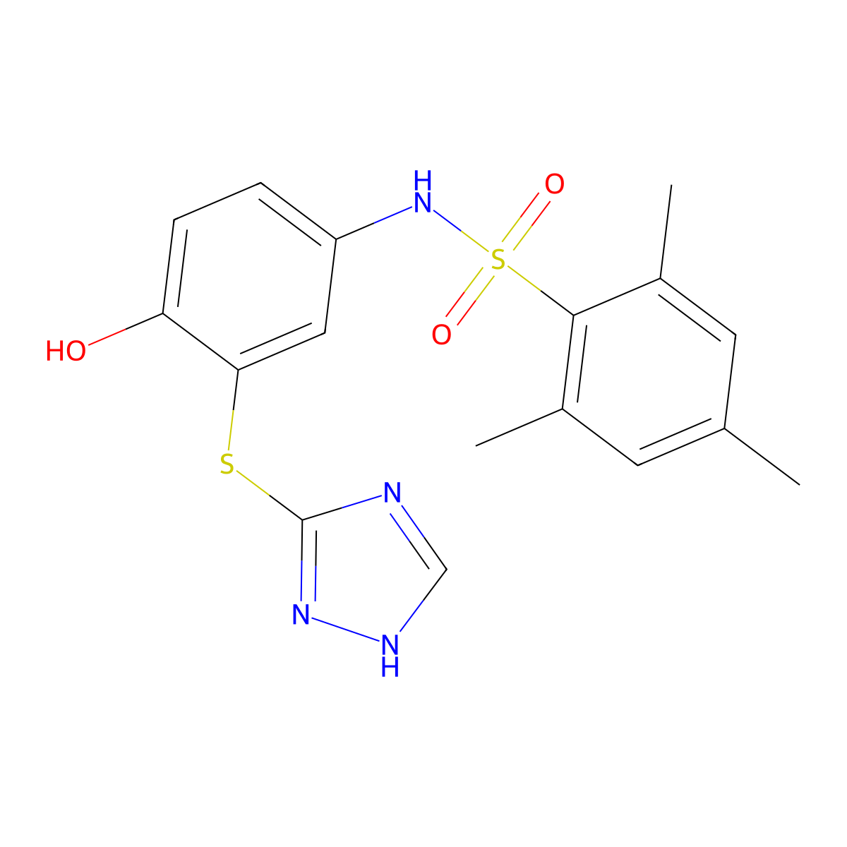 N-[4-hydroxy-3-(1H-1,2,4-triazol-5-ylsulfanyl)phenyl]-2,4,6-trimethylbenzenesulfonamide molecular structure, CAS 670267-87-5