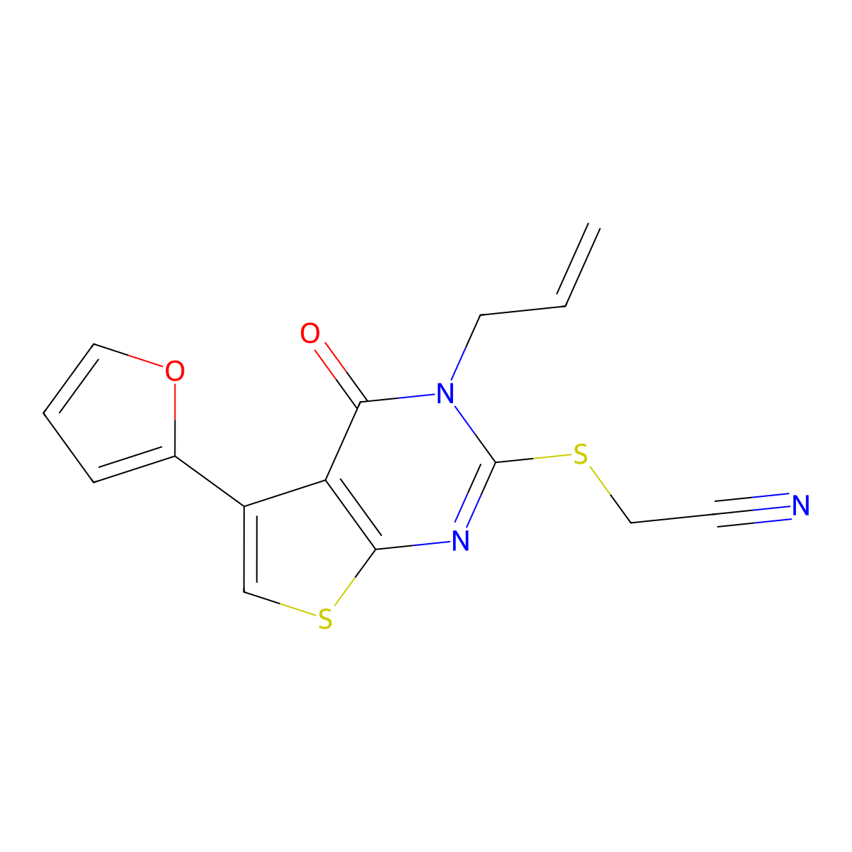 2-((3-Allyl-5-(furan-2-yl)-4-oxo-3,4-dihydrothieno[2,3-d]pyrimidin-2-yl)thio)acetonitrile molecular structure, CAS 670268-21-0