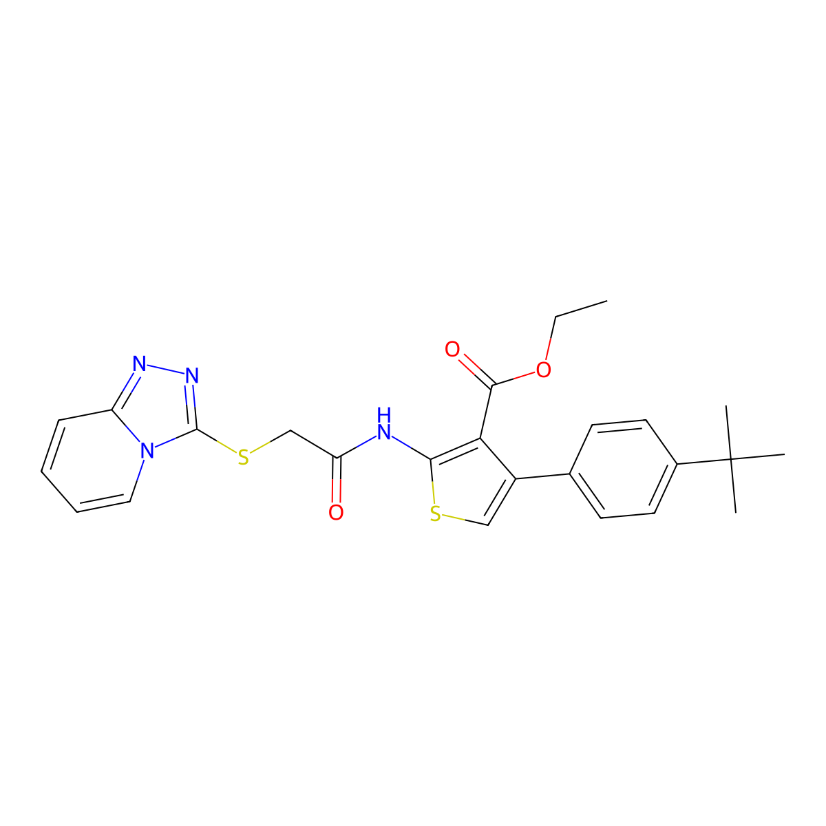 Ethyl 4-(4-tert-butylphenyl)-2-[[2-([1,2,4]triazolo[4,3-a]pyridin-3-ylsulfanyl)acetyl]amino]thiophene-3-carboxylate molecular structure, CAS 670268-28-7