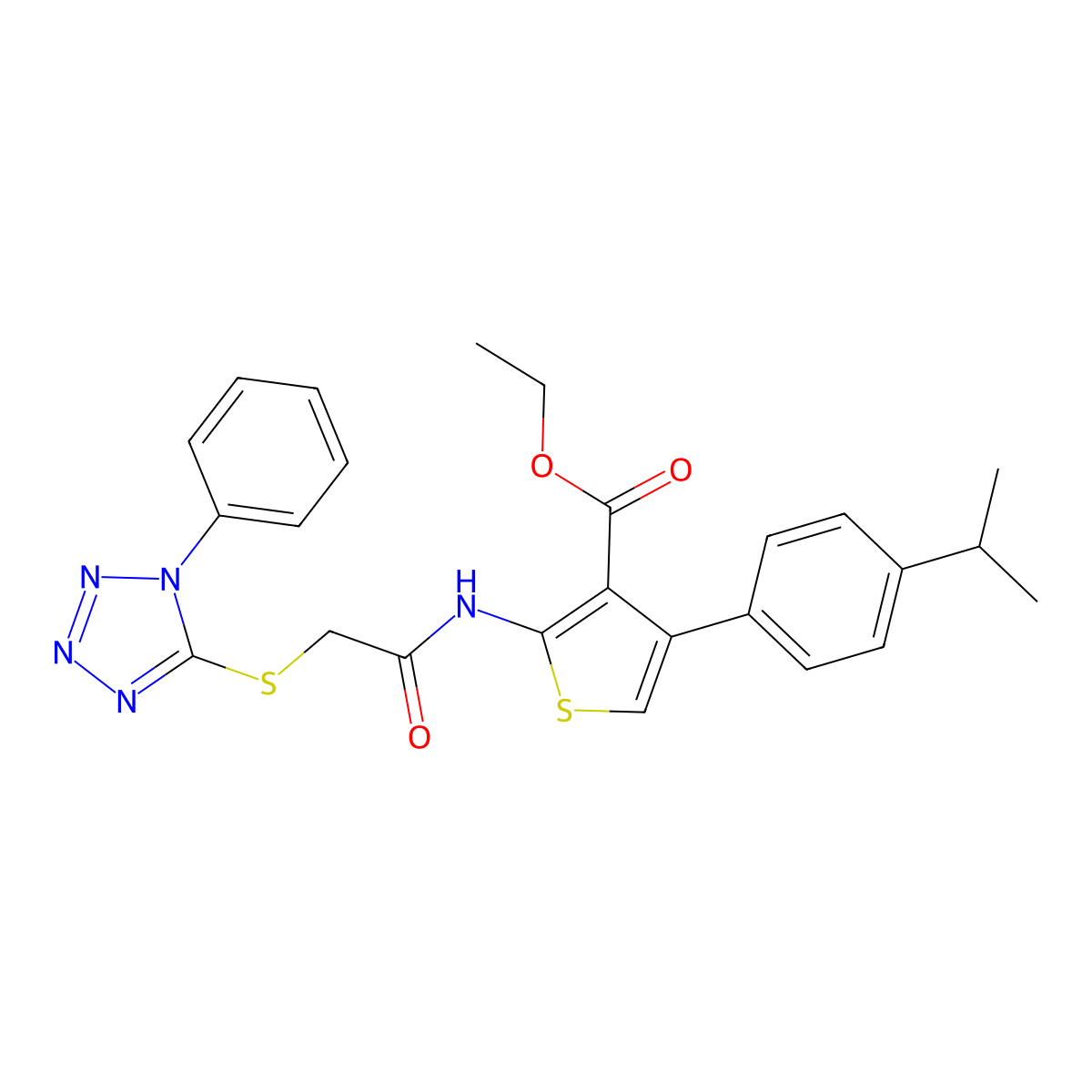 ethyl 4-(4-isopropylphenyl)-2-(2-((1-phenyl-1H-tetrazol-5-yl)thio)acetamido)thiophene-3-carboxylate molecular structure, CAS 670268-30-1