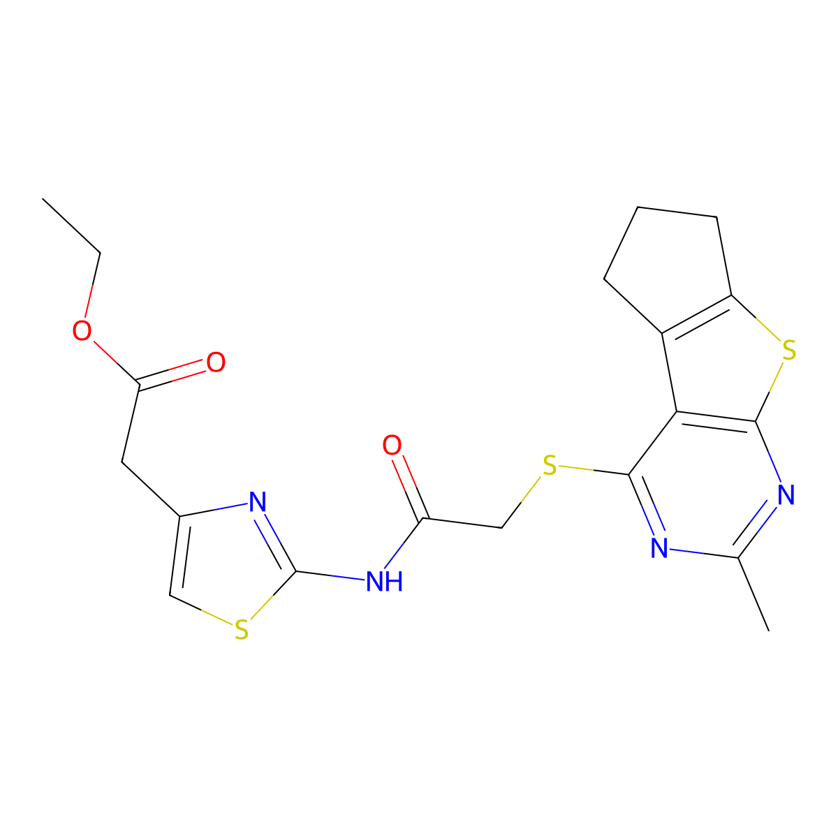 Ethyl 2-{2-[2-({10-methyl-7-thia-9,11-diazatricyclo[6.4.0.0^{2,6}]dodeca-1(8),2(6),9,11-tetraen-12-yl}sulfanyl)acetamido]-1,3-thiazol-4-yl}acetate molecular structure, CAS 670268-32-3