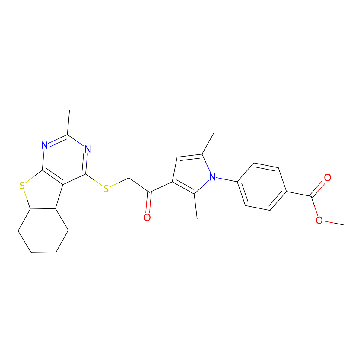 Methyl 4-[2,5-dimethyl-3-[2-[(2-methyl-5,6,7,8-tetrahydro-[1]benzothiolo[2,3-d]pyrimidin-4-yl)sulfanyl]acetyl]pyrrol-1-yl]benzoate molecular structure, CAS 670268-35-6