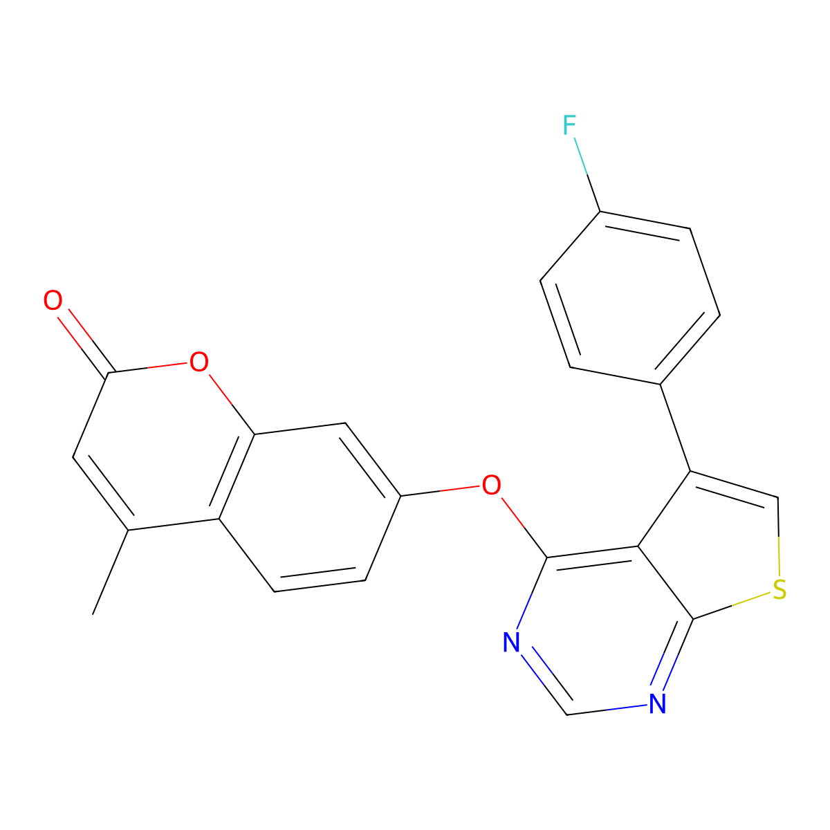 7-((5-(4-fluorophenyl)thieno[2,3-d]pyrimidin-4-yl)oxy)-4-methyl-2H-chromen-2-one molecular structure, CAS 670268-46-9