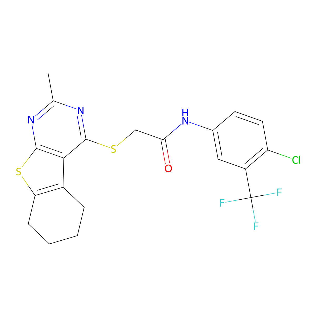 N-[4-chloro-3-(trifluoromethyl)phenyl]-2-[(2-methyl-5,6,7,8-tetrahydro-[1]benzothiolo[2,3-d]pyrimidin-4-yl)sulfanyl]acetamide molecular structure, CAS 670268-50-5