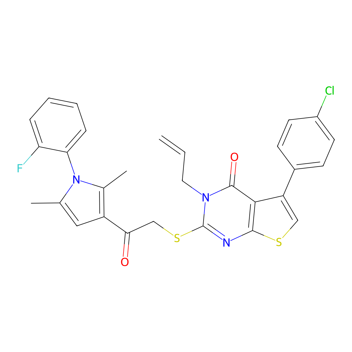 3-allyl-5-(4-chlorophenyl)-2-((2-(1-(2-fluorophenyl)-2,5-dimethyl-1H-pyrrol-3-yl)-2-oxoethyl)thio)thieno[2,3-d]pyrimidin-4(3H)-one molecular structure, CAS 670268-59-4