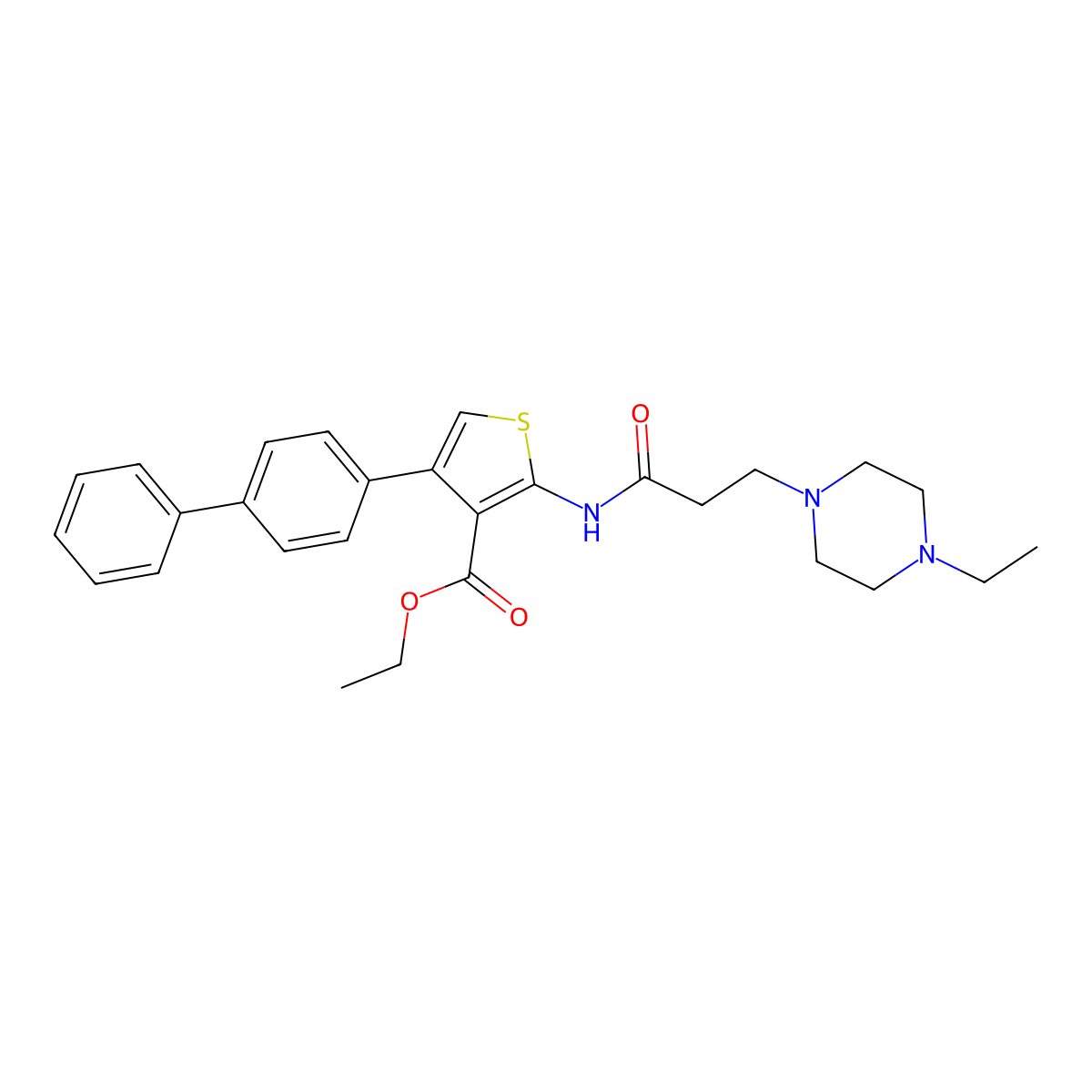 Ethyl 2-[3-(4-ethylpiperazin-1-yl)propanoylamino]-4-(4-phenylphenyl)thiophene-3-carboxylate molecular structure, CAS 670269-70-2