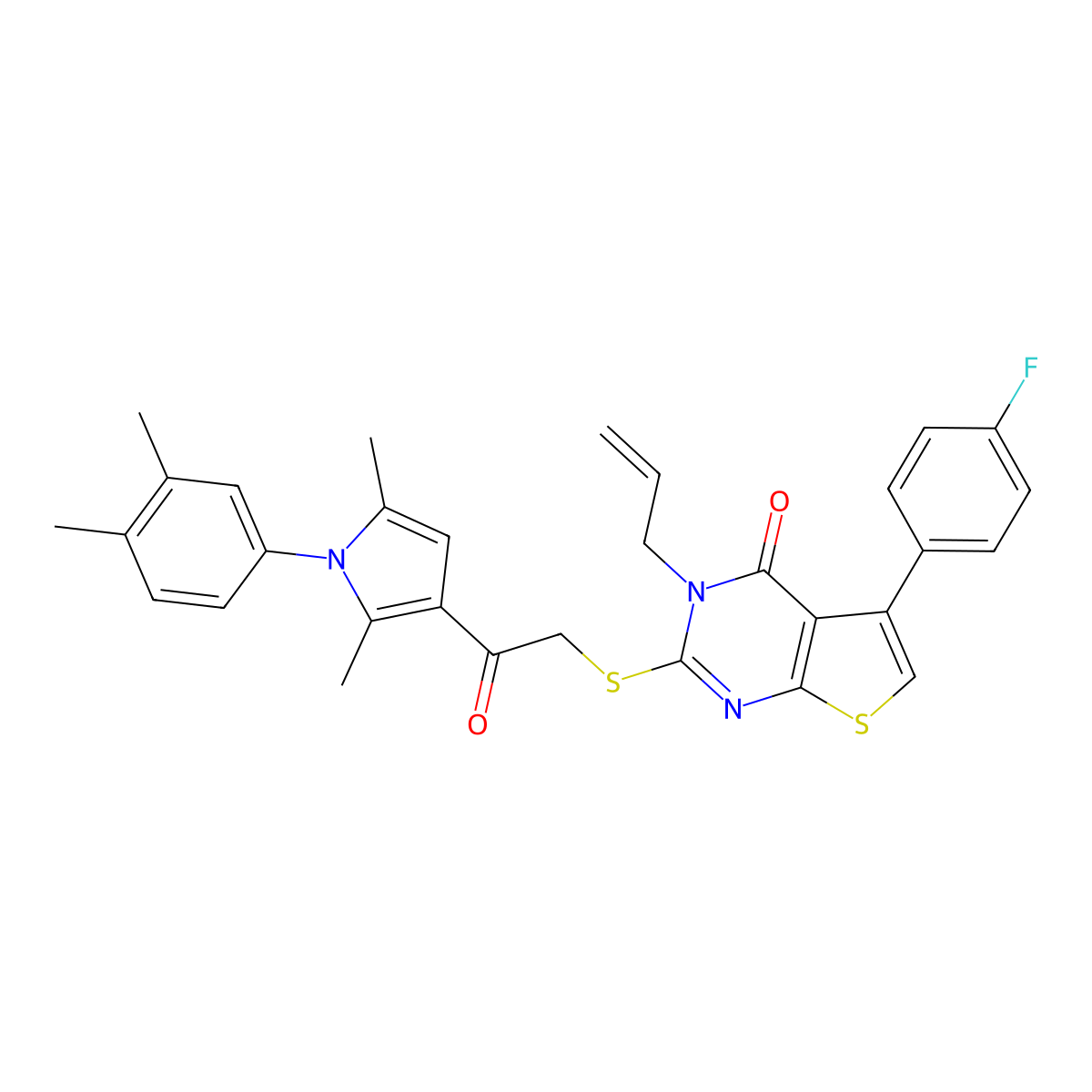 2-[2-[1-(3,4-Dimethylphenyl)-2,5-dimethylpyrrol-3-yl]-2-oxoethyl]sulfanyl-5-(4-fluorophenyl)-3-prop-2-enylthieno[2,3-d]pyrimidin-4-one molecular structure, CAS 670269-87-1