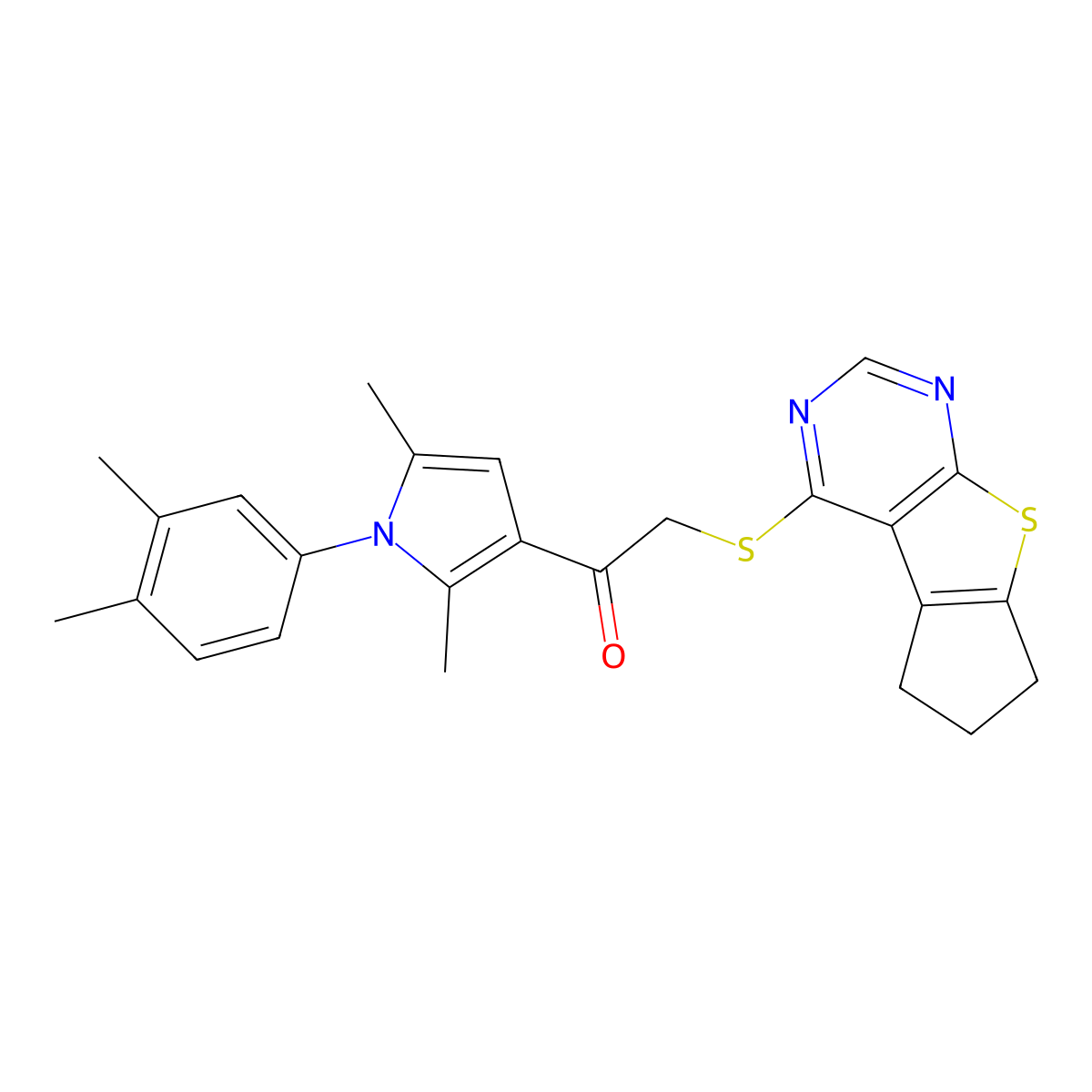 2-((6,7-dihydro-5H-cyclopenta[4,5]thieno[2,3-d]pyrimidin-4-yl)thio)-1-(1-(3,4-dimethylphenyl)-2,5-dimethyl-1H-pyrrol-3-yl)ethanone molecular structure, CAS 670269-88-2