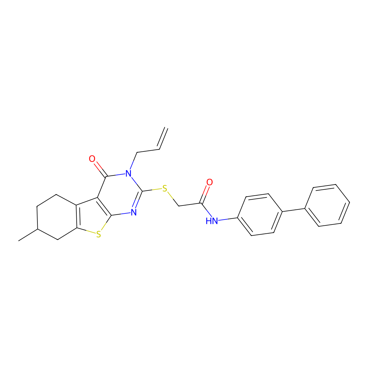 2-[(7-methyl-4-oxo-3-prop-2-enyl-5,6,7,8-tetrahydro-[1]benzothiolo[2,3-d]pyrimidin-2-yl)sulfanyl]-N-(4-phenylphenyl)acetamide molecular structure, CAS 670269-92-8