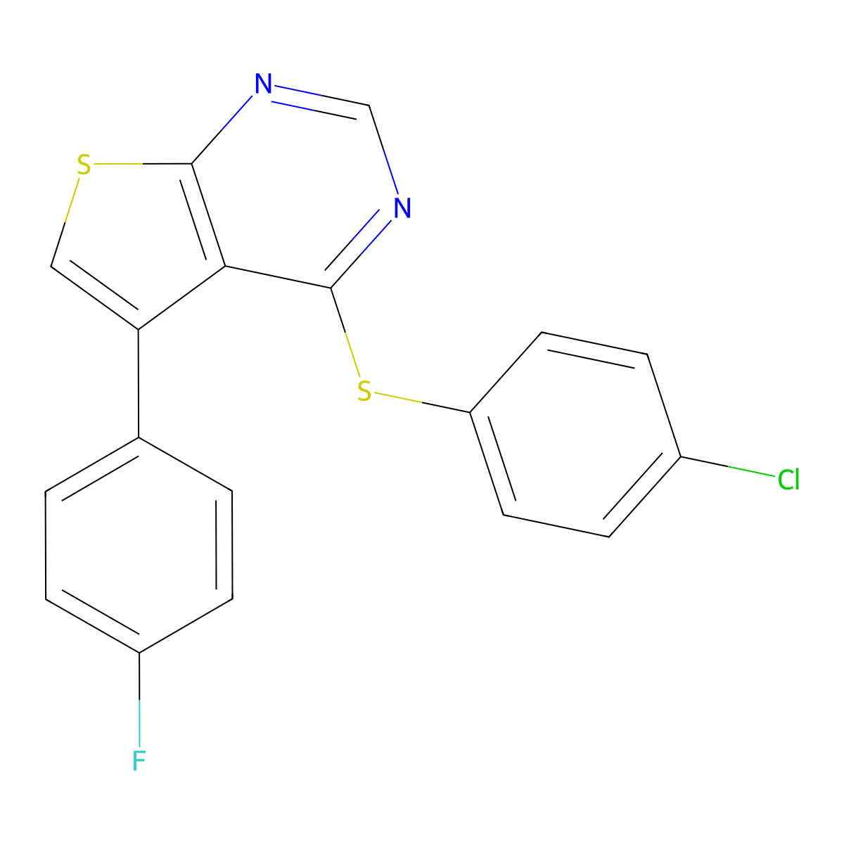 4-((4-Chlorophenyl)thio)-5-(4-fluorophenyl)thieno[2,3-d]pyrimidine molecular structure, CAS 670269-94-0