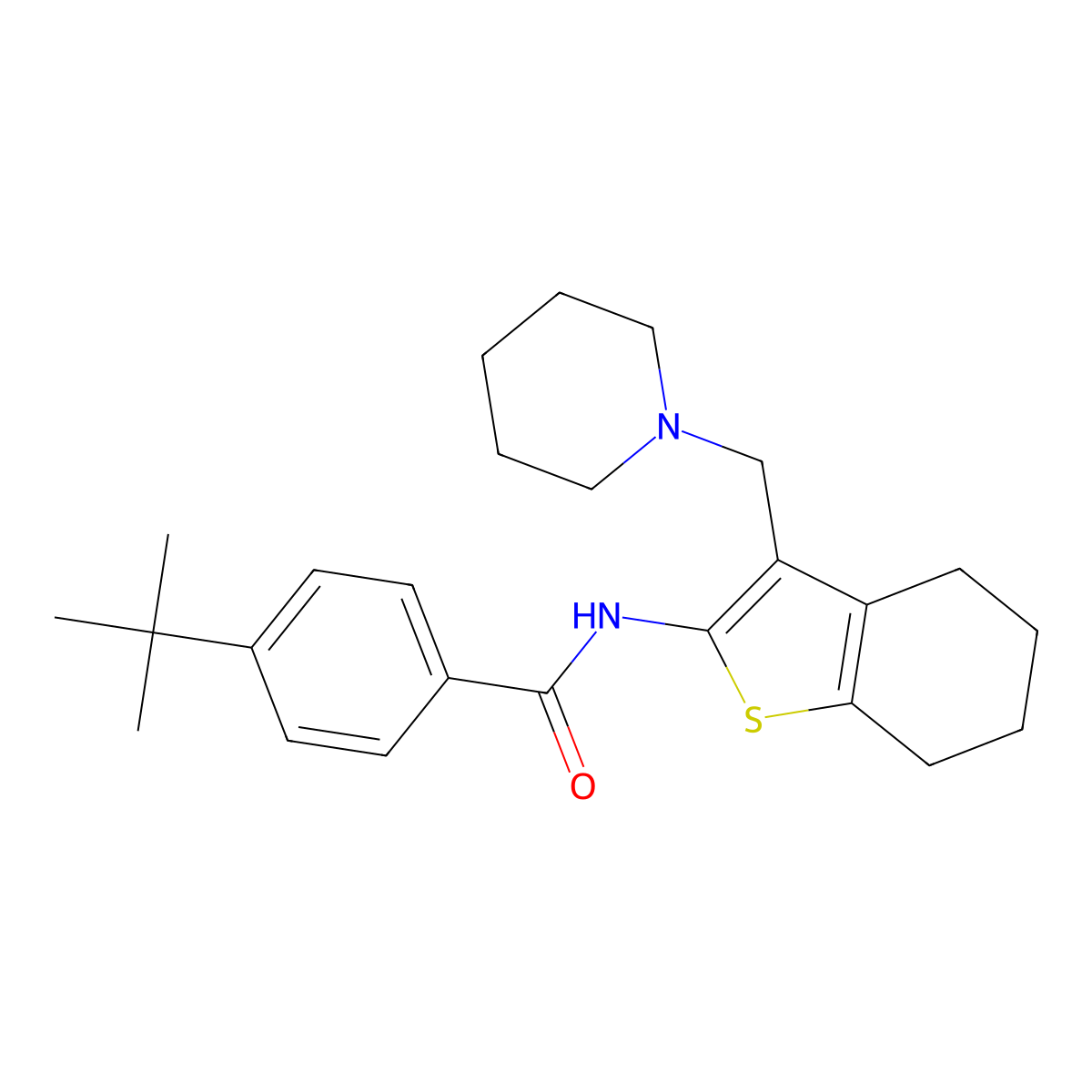 4-(tert-butyl)-N-(3-(piperidin-1-ylmethyl)-4,5,6,7-tetrahydrobenzo[b]thiophen-2-yl)benzamide molecular structure, CAS 670269-99-5