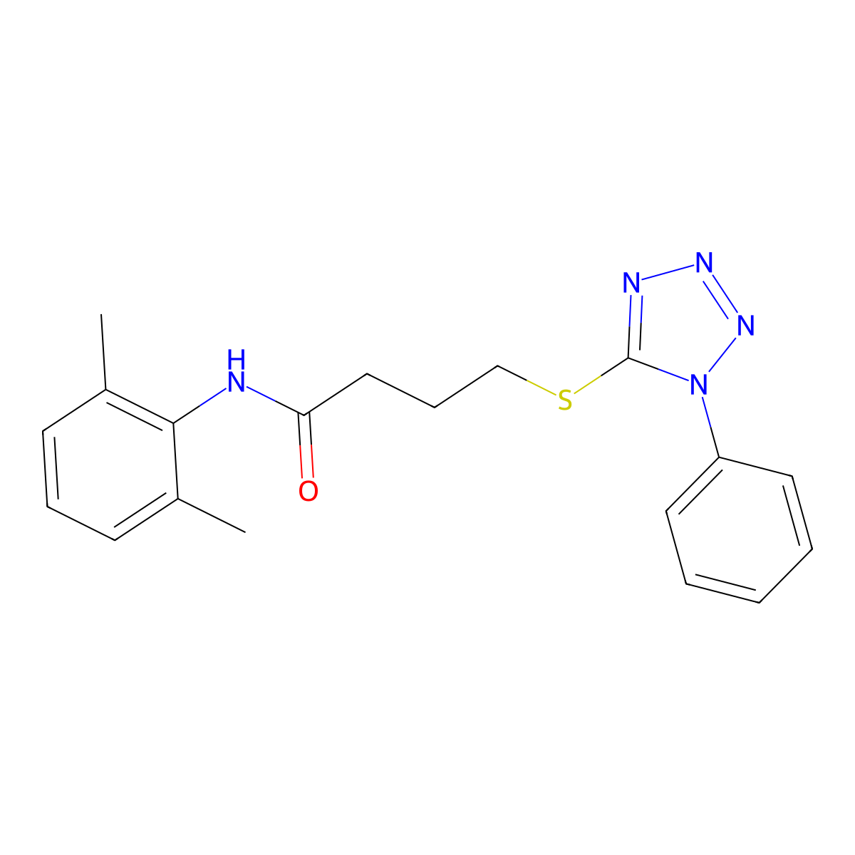 N-(2,6-dimethylphenyl)-4-((1-phenyl-1H-tetrazol-5-yl)thio)butanamide molecular structure, CAS 670270-04-9