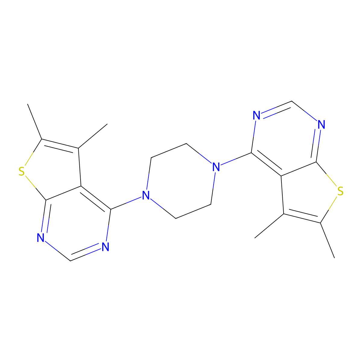 1,4-Bis(5,6-dimethylthieno[2,3-d]pyrimidin-4-yl)piperazine molecular structure, CAS 670270-08-3