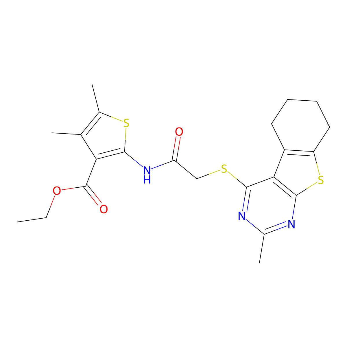 Ethyl 4,5-dimethyl-2-[[2-[(2-methyl-5,6,7,8-tetrahydro-[1]benzothiolo[2,3-d]pyrimidin-4-yl)sulfanyl]acetyl]amino]thiophene-3-carboxylate molecular structure, CAS 670270-11-8
