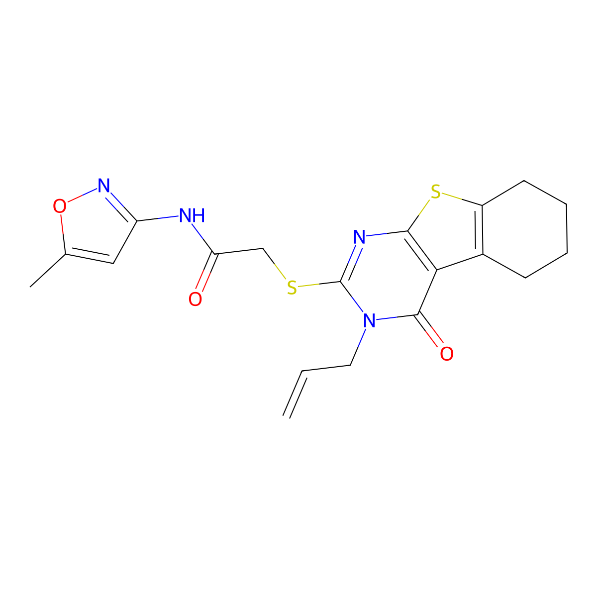 N-(5-methyl-1,2-oxazol-3-yl)-2-[(4-oxo-3-prop-2-enyl-5,6,7,8-tetrahydro-[1]benzothiolo[2,3-d]pyrimidin-2-yl)sulfanyl]acetamide molecular structure, CAS 670270-17-4