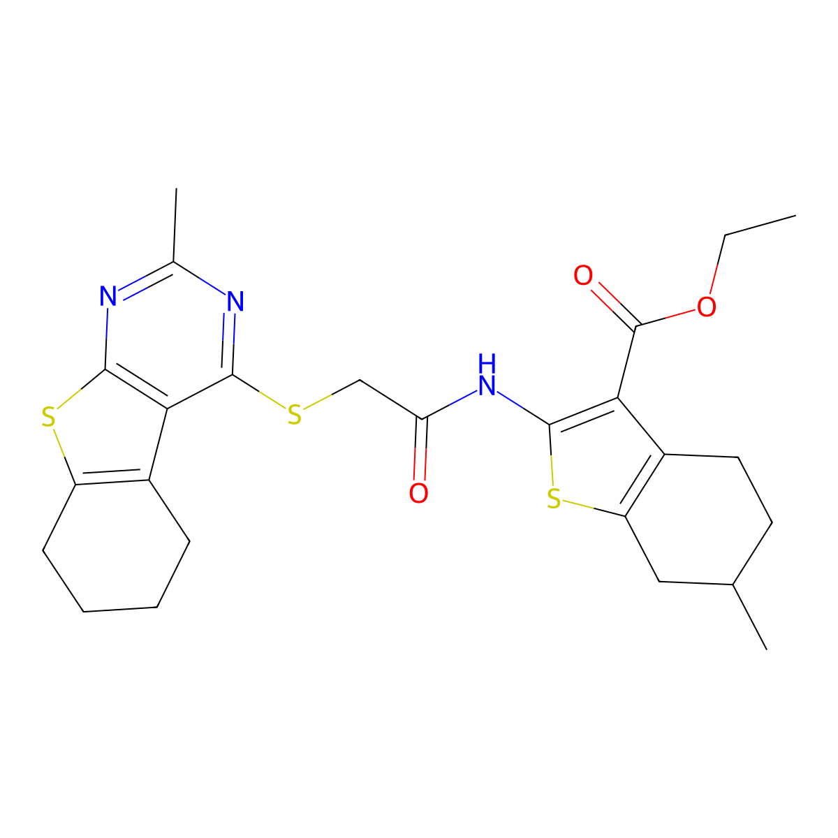 Ethyl 6-methyl-2-[[2-[(2-methyl-5,6,7,8-tetrahydro-[1]benzothiolo[2,3-d]pyrimidin-4-yl)sulfanyl]acetyl]amino]-4,5,6,7-tetrahydro-1-benzothiophene-3-carboxylate molecular structure, CAS 670270-25-4