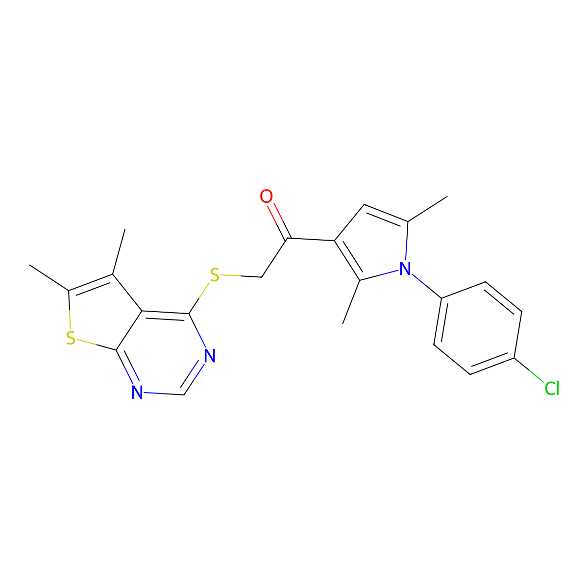 1-(1-(4-chlorophenyl)-2,5-dimethyl-1H-pyrrol-3-yl)-2-((5,6-dimethylthieno[2,3-d]pyrimidin-4-yl)thio)ethanone molecular structure, CAS 670270-30-1