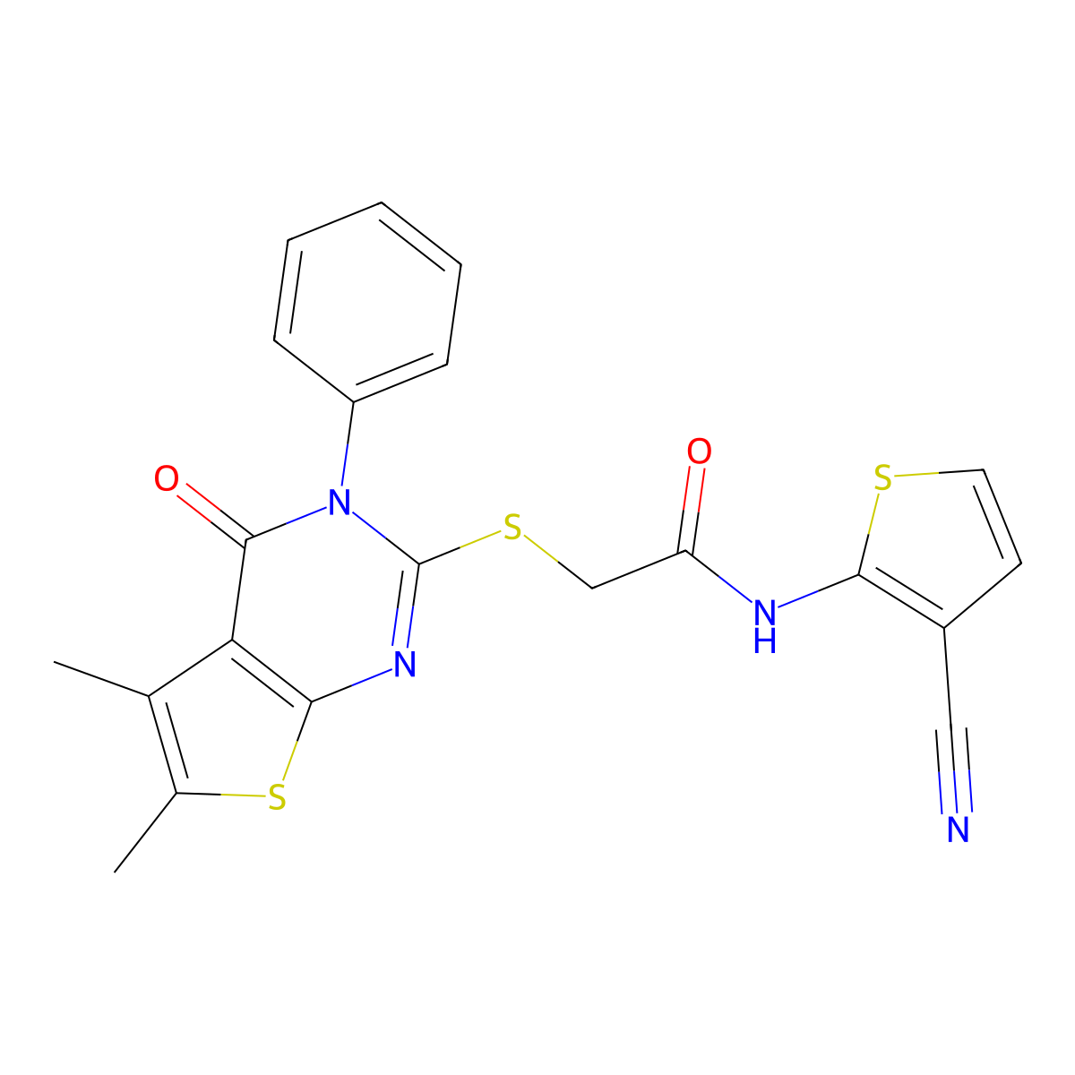 N-(3-cyanothiophen-2-yl)-2-(5,6-dimethyl-4-oxo-3-phenylthieno[2,3-d]pyrimidin-2-yl)sulfanylacetamide molecular structure, CAS 670270-35-6