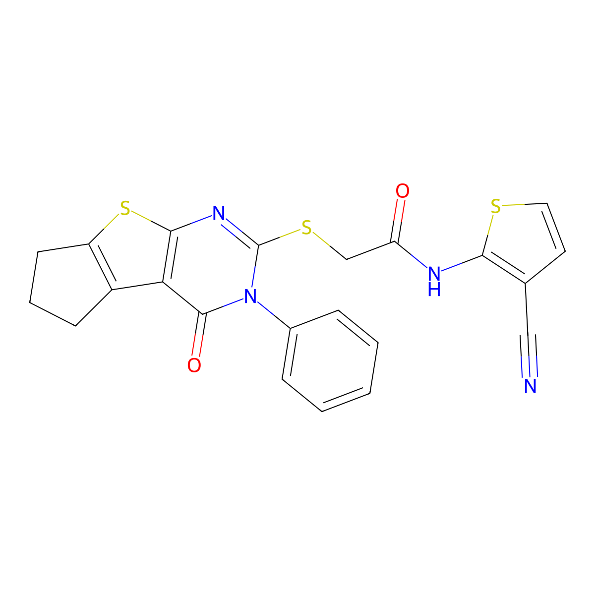 N-(3-cyanothiophen-2-yl)-2-((4-oxo-3-phenyl-4,5,6,7-tetrahydro-3H-cyclopenta[4,5]thieno[2,3-d]pyrimidin-2-yl)thio)acetamide molecular structure, CAS 670270-36-7