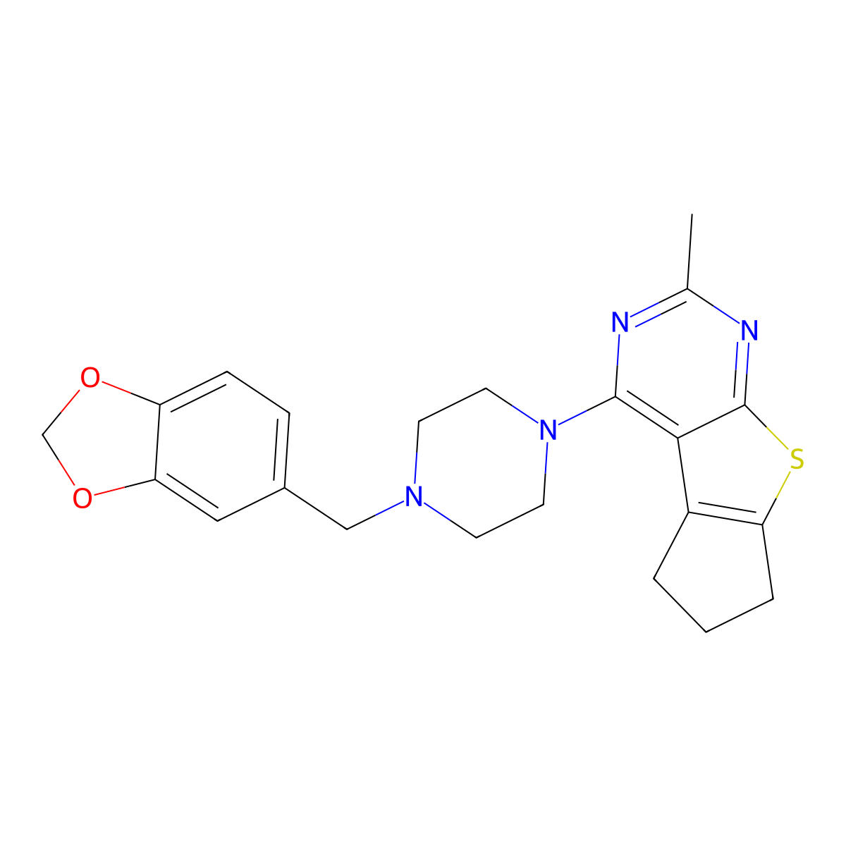 12-{4-[(2H-1,3-benzodioxol-5-yl)methyl]piperazin-1-yl}-10-methyl-7-thia-9,11-diazatricyclo[6.4.0.0^{2,6}]dodeca-1(8),2(6),9,11-tetraene molecular structure, CAS 670270-38-9