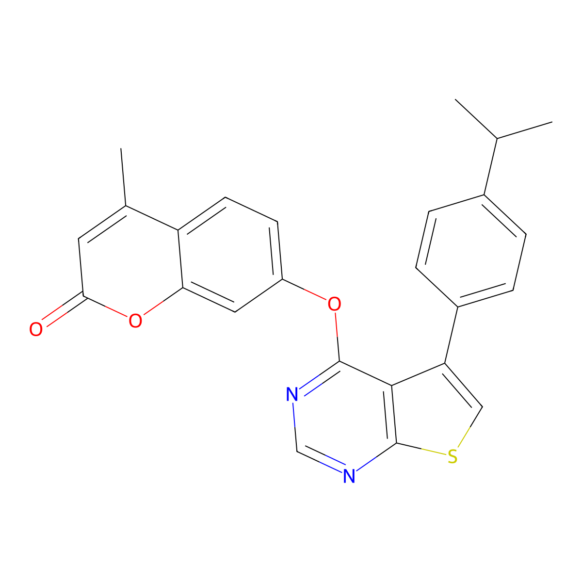 7-((5-(4-isopropylphenyl)thieno[2,3-d]pyrimidin-4-yl)oxy)-4-methyl-2H-chromen-2-one molecular structure, CAS 670270-41-4