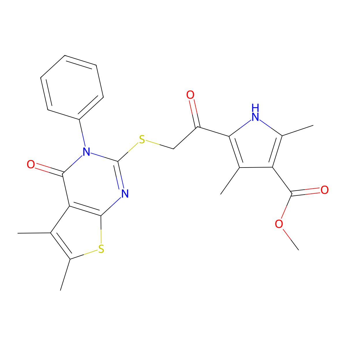 methyl 5-(2-((5,6-dimethyl-4-oxo-3-phenyl-3,4-dihydrothieno[2,3-d]pyrimidin-2-yl)thio)acetyl)-2,4-dimethyl-1H-pyrrole-3-carboxylate molecular structure, CAS 670270-46-9