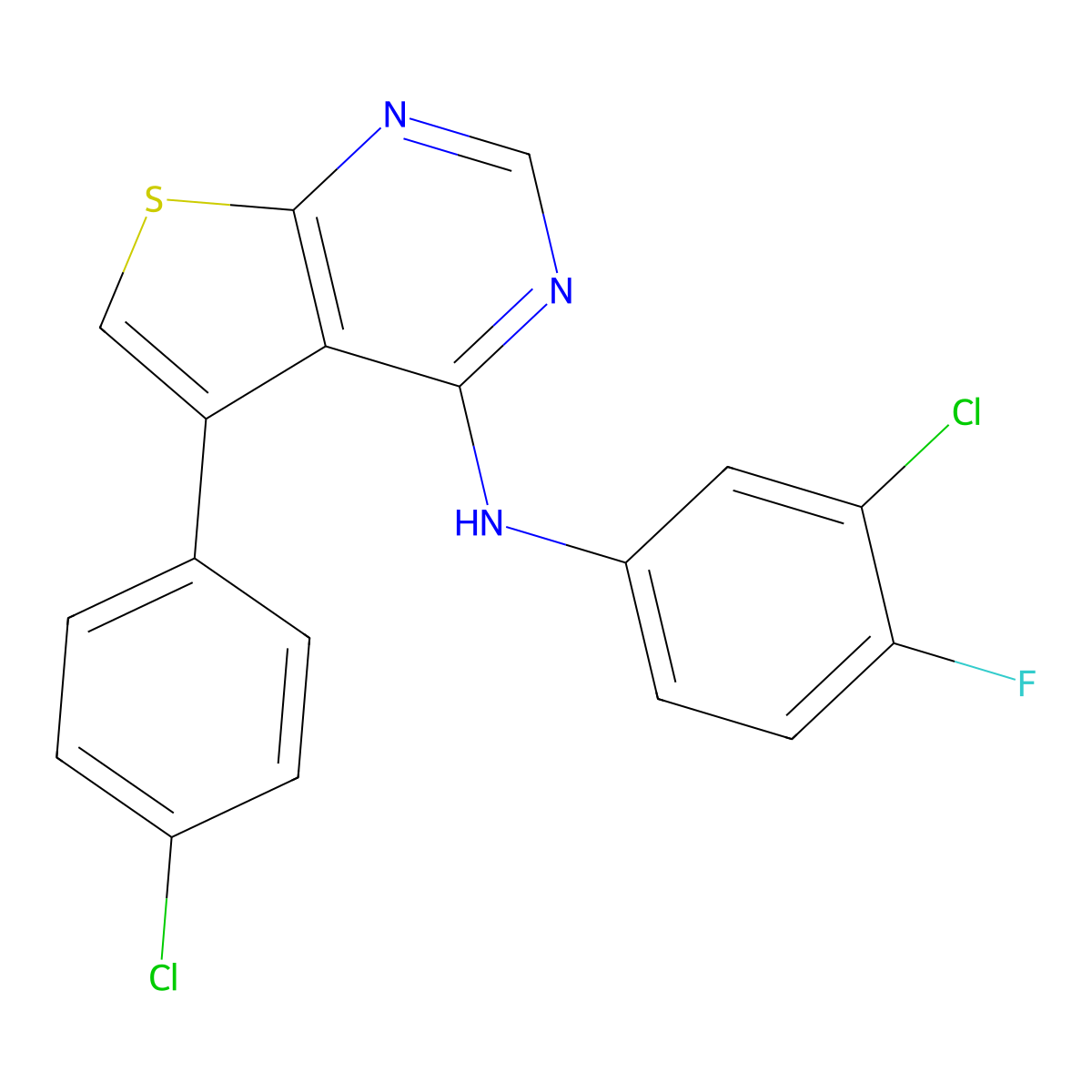 N-(3-chloro-4-fluorophenyl)-5-(4-chlorophenyl)thieno[2,3-d]pyrimidin-4-amine molecular structure, CAS 670270-49-2